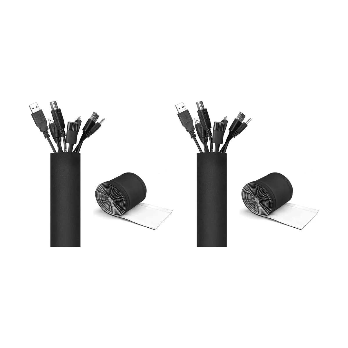 Two JOTO neoprene cable sleeves, one holding a bundle of USB cables and one partially unrolled to show the zip-and-wrap construction