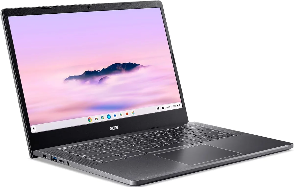 Acer Chromebook Plus 514 3/4 angle showing keyboard, trackpad, and left-side ports