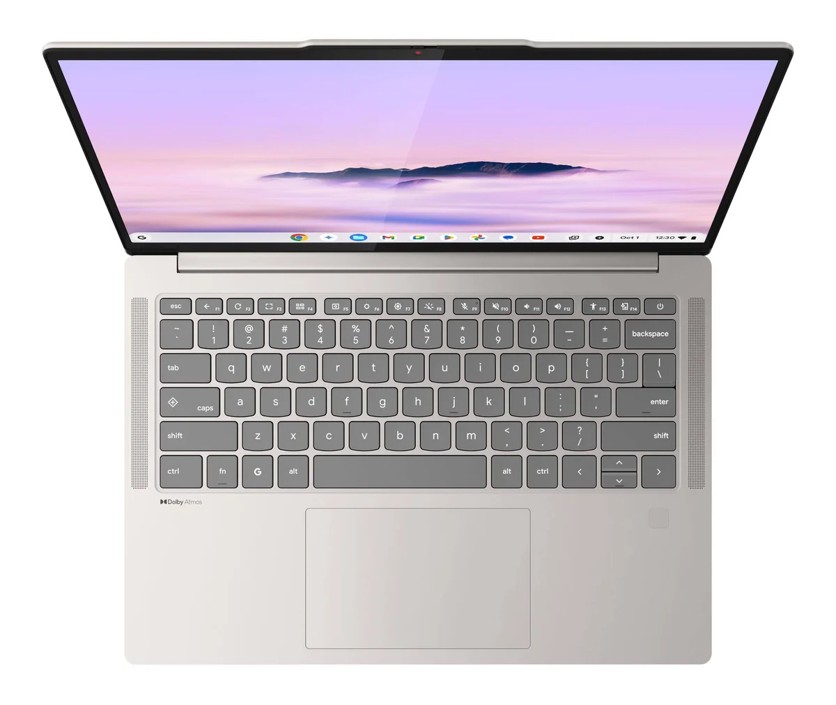 Lenovo Chromebook Plus 14 top-down view of keyboard and trackpad