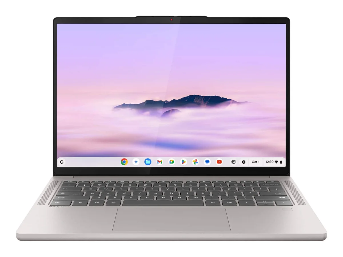 Lenovo Chromebook Plus 14 front view with OLED display showing ChromeOS