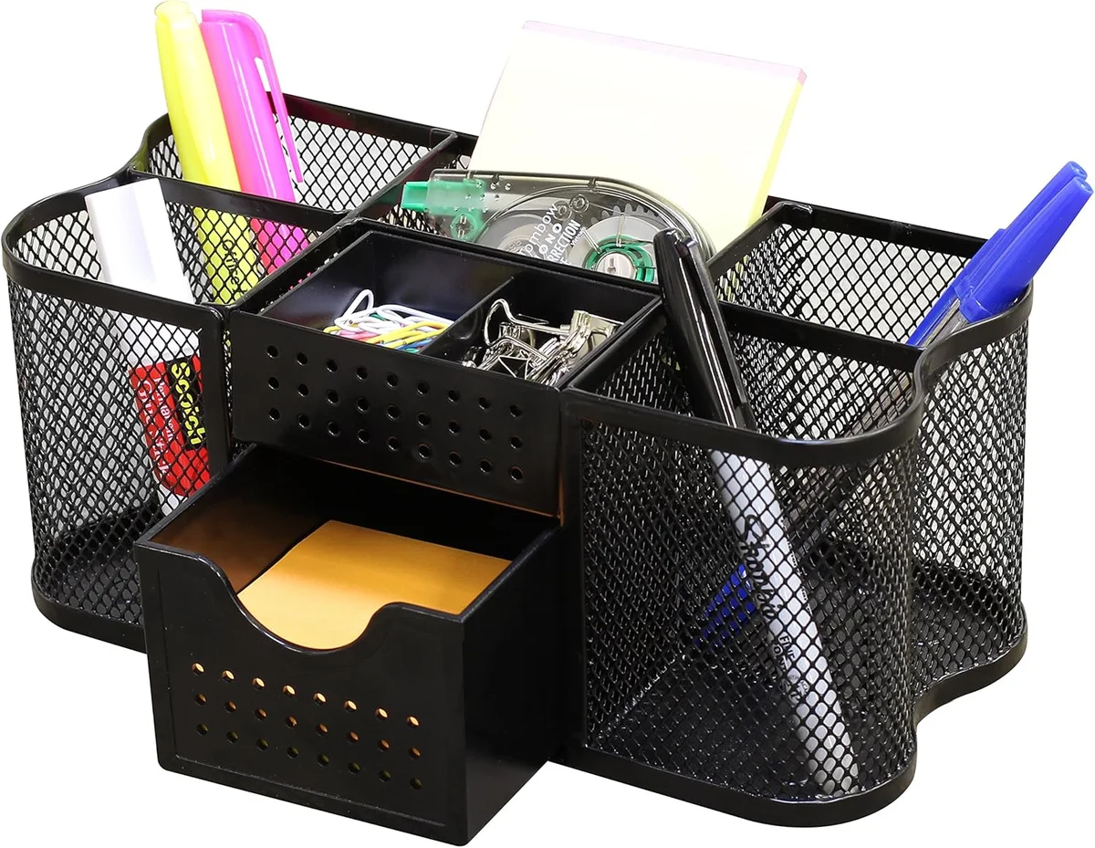 DecoBros Desk Organizer Caddy front view showing all 7 compartments loaded with pens, highlighters, paper clips, and tape dispenser