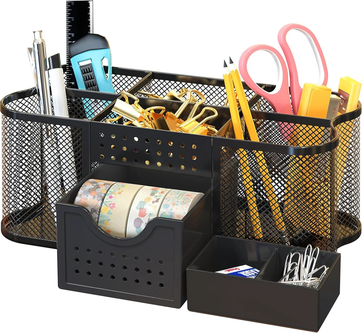 DecoBros Desk Organizer Caddy filled with pencils, scissors, binder clips, washi tape, and paper clips on white background