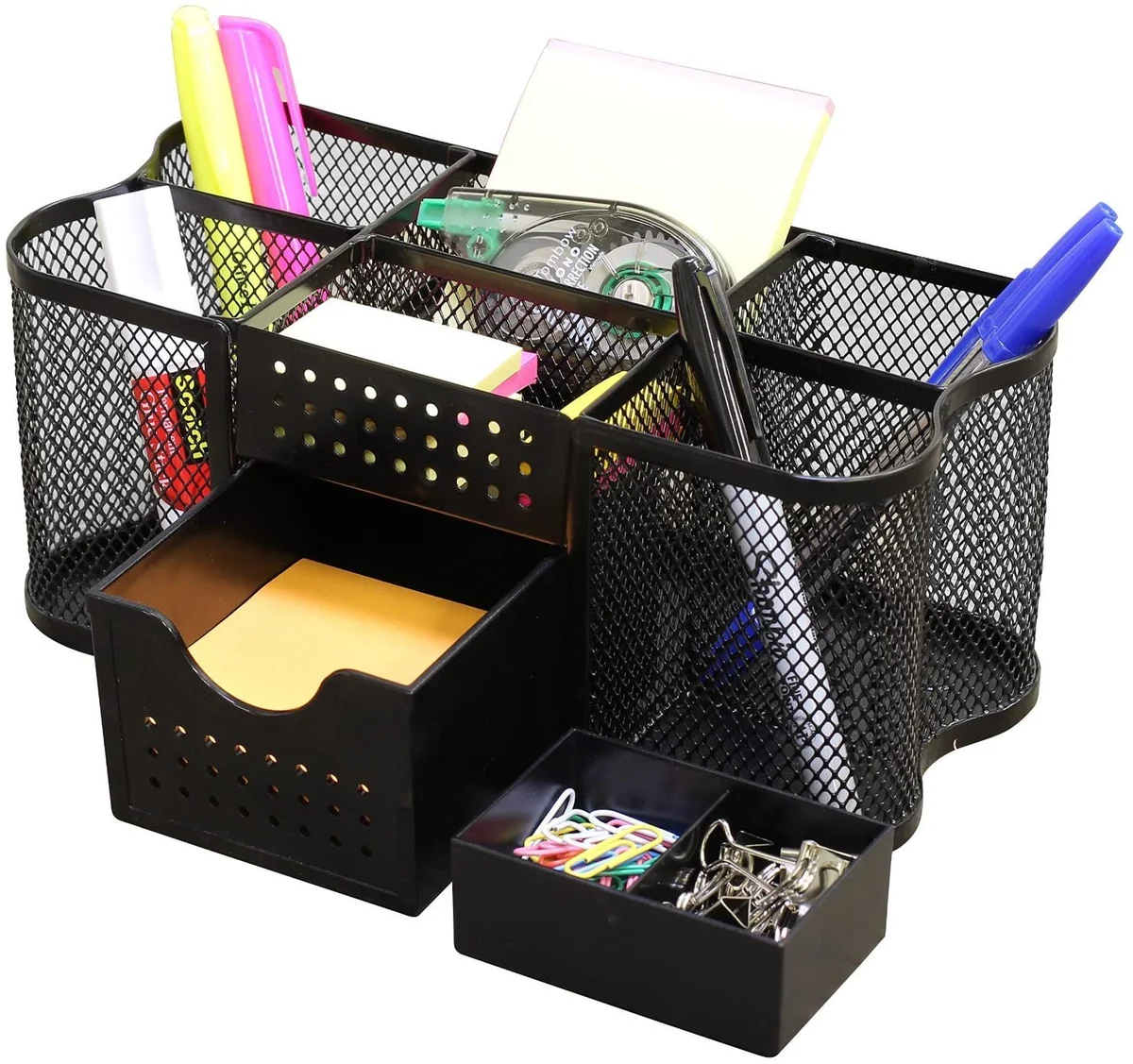 DecoBros Desk Supplies Organizer Caddy in black, 3/4 angle view filled with markers, tape, and paper clips on white background