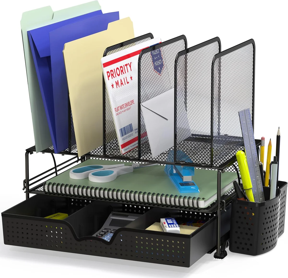SimpleHouseware Mesh Desk Organizer left-side angle showing upright sections loaded with files and mail