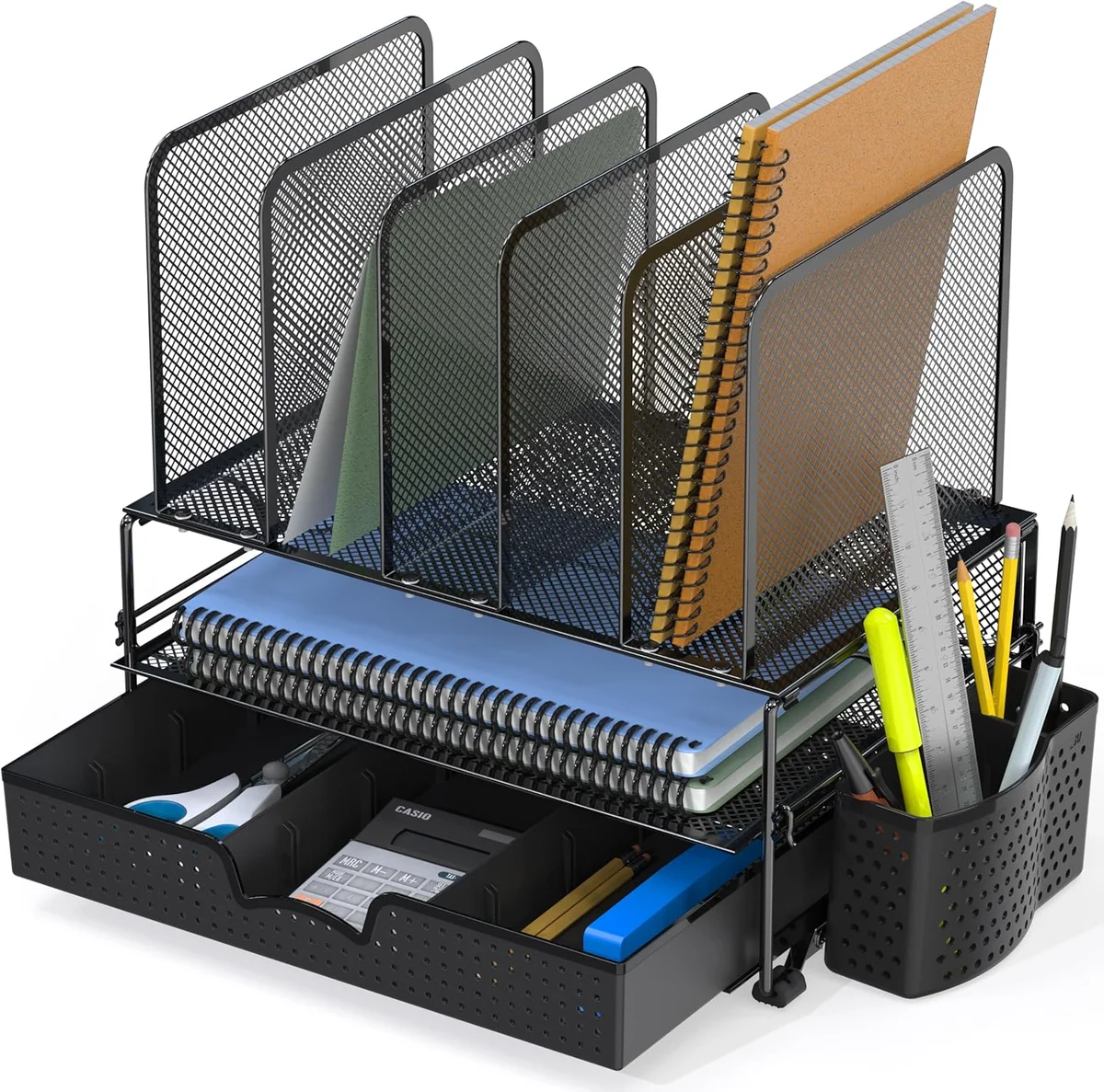 SimpleHouseware Mesh Desk Organizer angled view with open sliding drawer and upright file sections