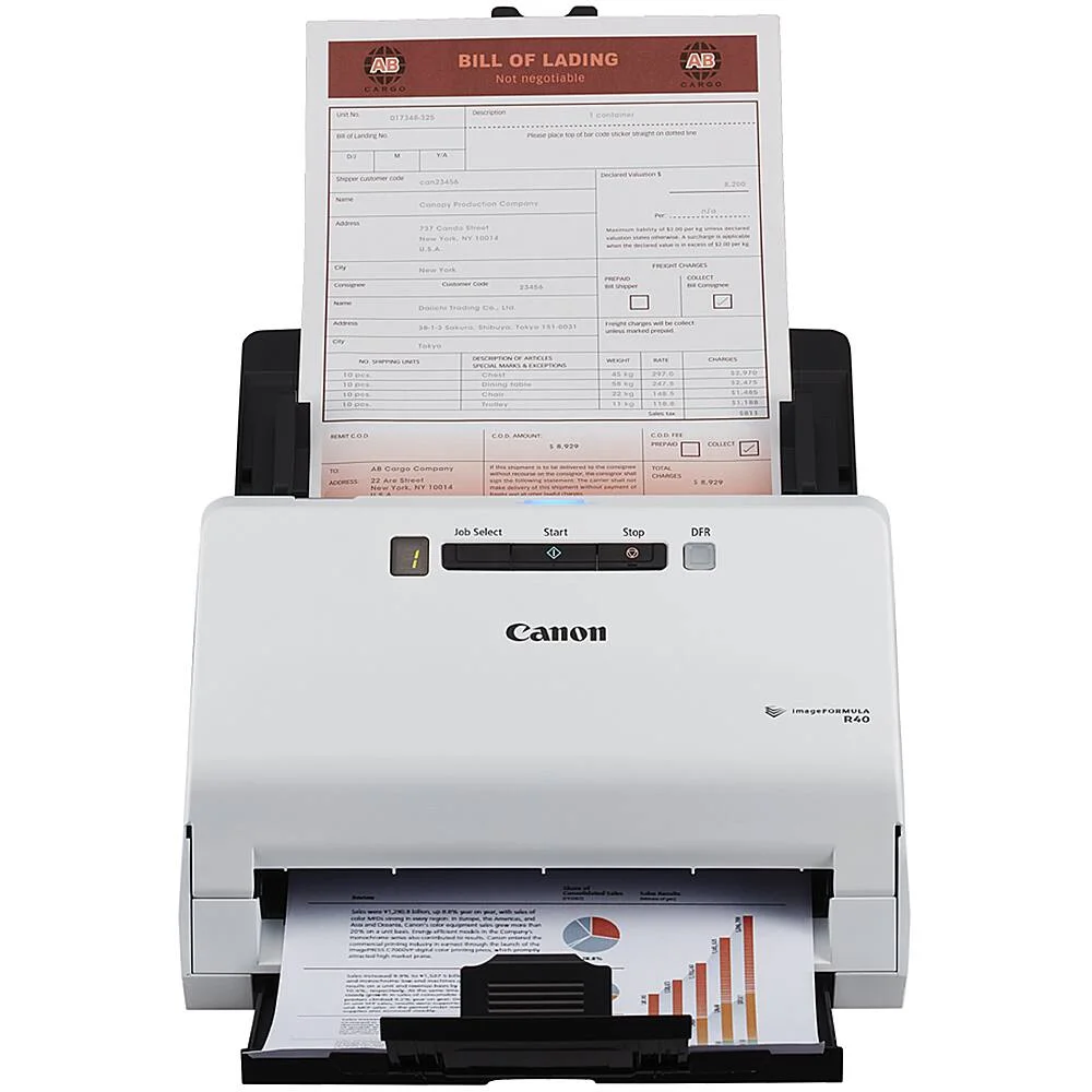 Canon imageFORMULA R40 in use with document feeding through ADF and output tray
