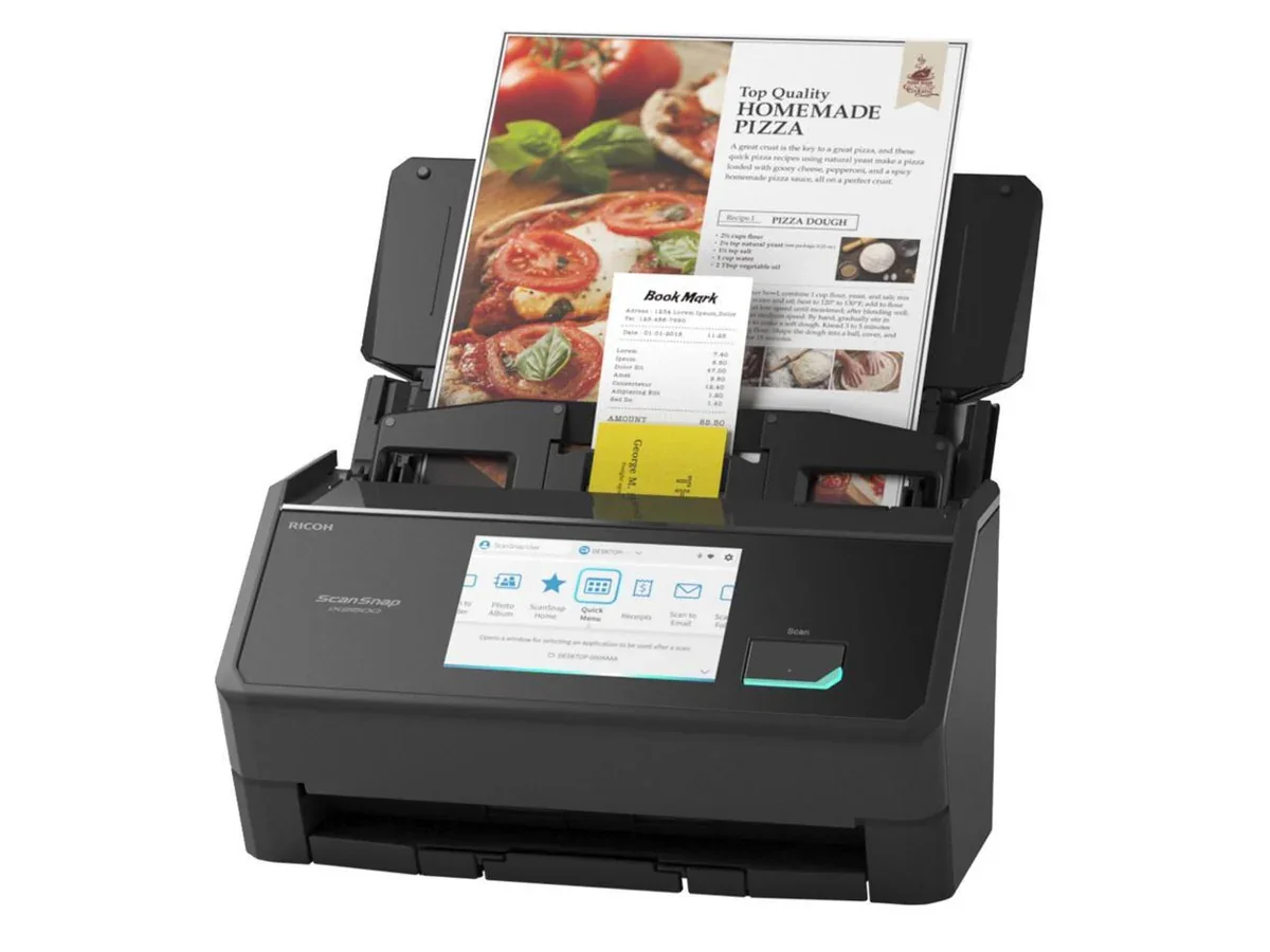 Ricoh ScanSnap iX2500 3/4 front view with documents and receipt feeding through ADF