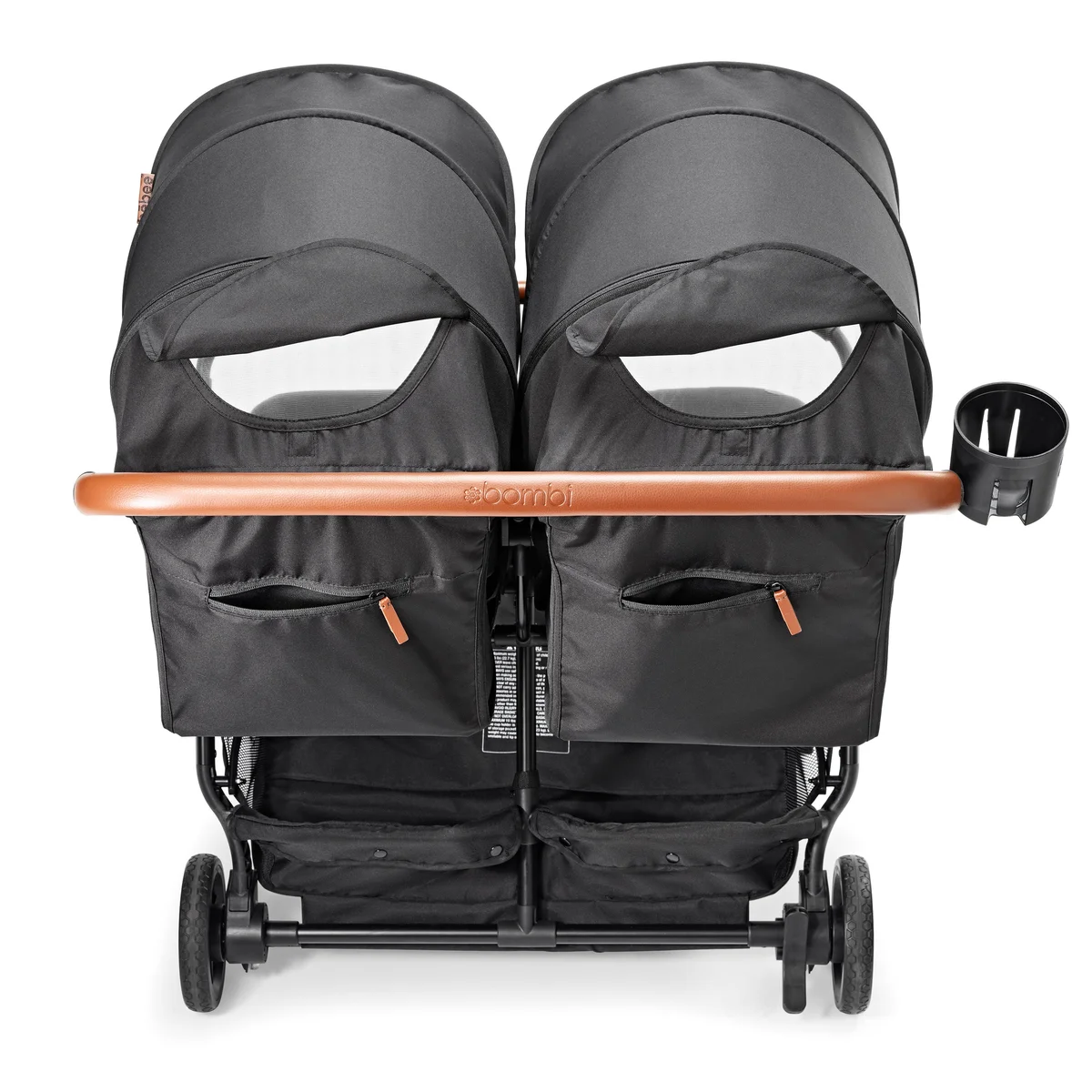 Bombi Twin rear view showing leatherette bumper bar, peek-a-boo canopy windows, side pockets, and cup holder