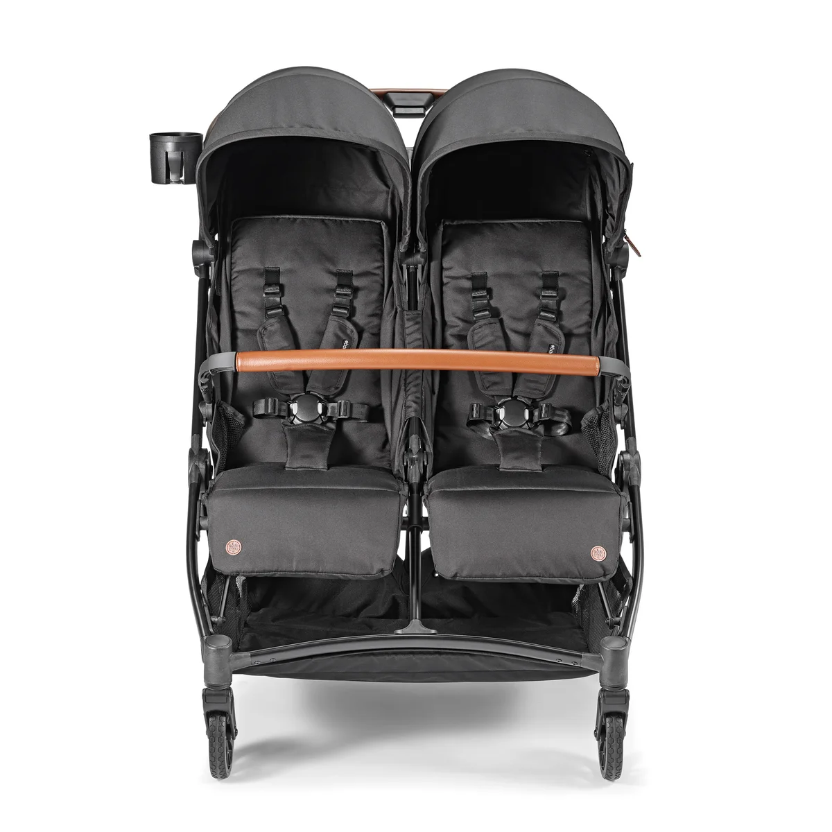 Bombi Twin double stroller front view with side-by-side seats and leatherette bumper bar