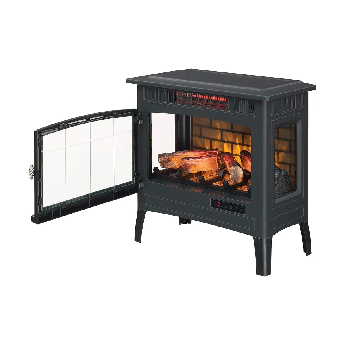 Duraflame 3D Infrared stove in black shown at an angle with the glass door open, revealing the log set and digital control panel