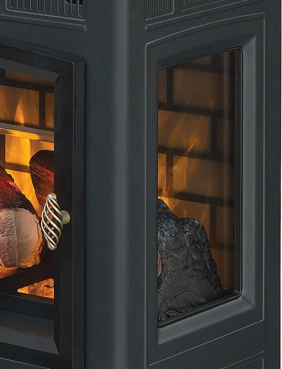 Close-up of the Duraflame 3D Infrared stove's side and front glass panels showing the 3D flame effect and brass door handle