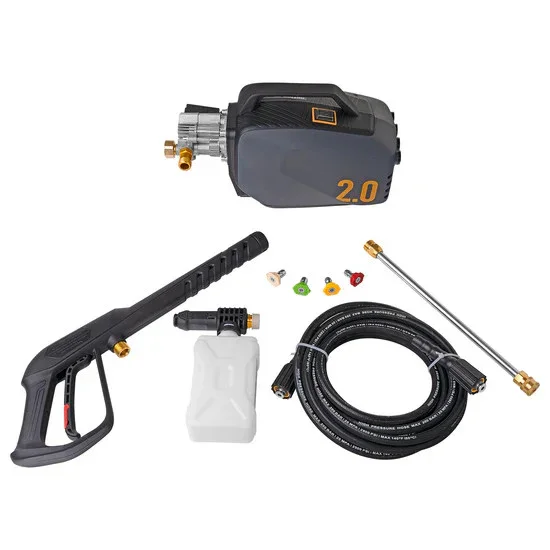 Active 2.0 kit contents including pressure washer unit, spray gun, hose, nozzles, and extension wand