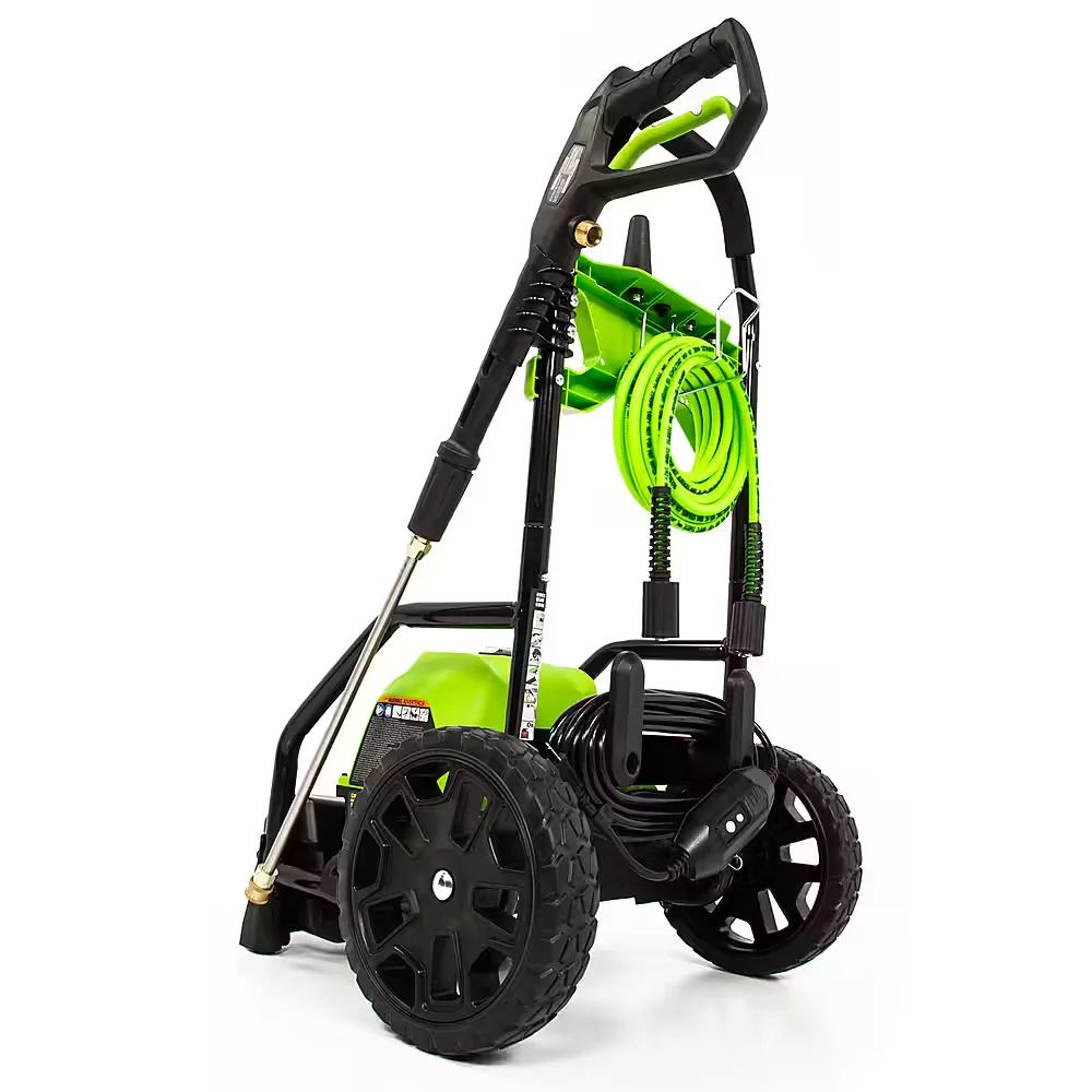 Greenworks Automotive Electric Pressure Washer rear/side angle showing wand, hose, and large wheels