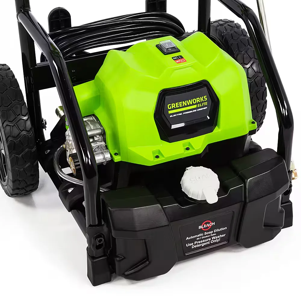Greenworks Automotive Electric Pressure Washer motor and pump unit close-up with soap tank and power switch