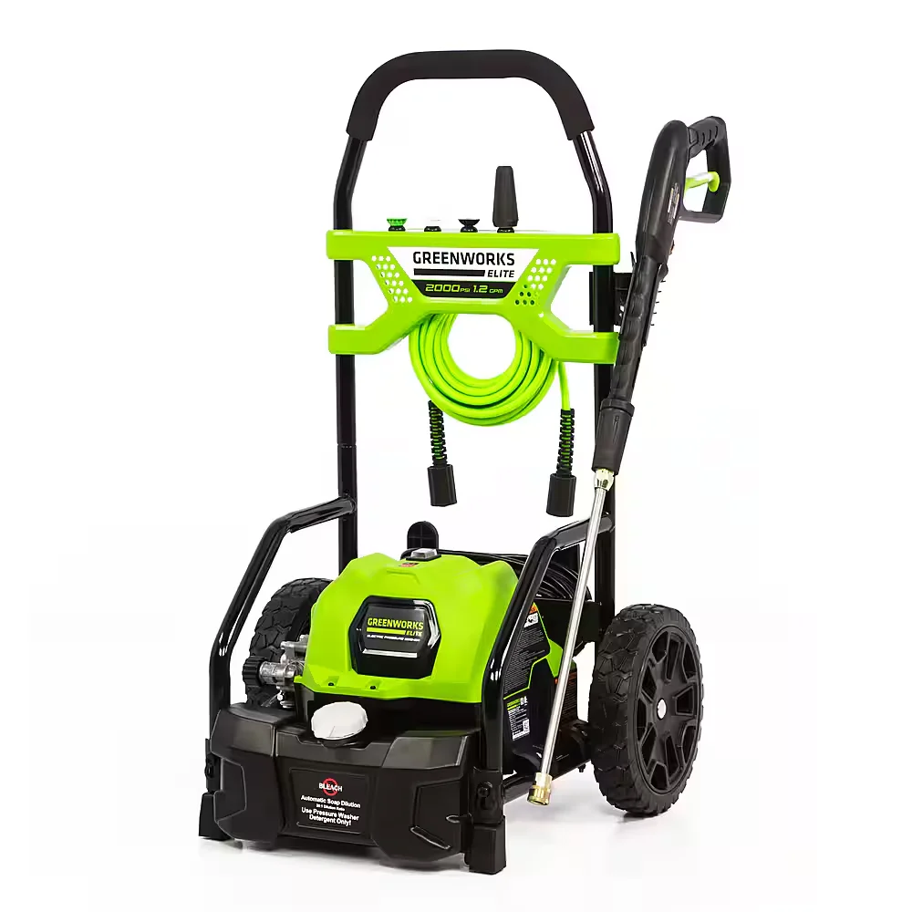 Greenworks Automotive Electric Pressure Washer front 3/4 view with wand and hose reel