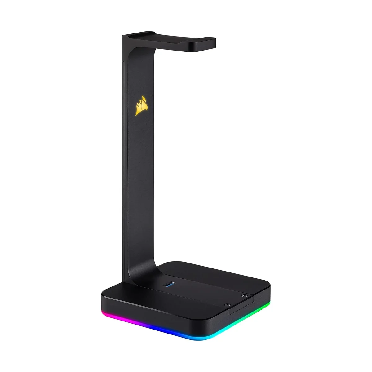 Corsair ST100 RGB headset stand rear three-quarter angle showing the USB ports and RGB base glow on white