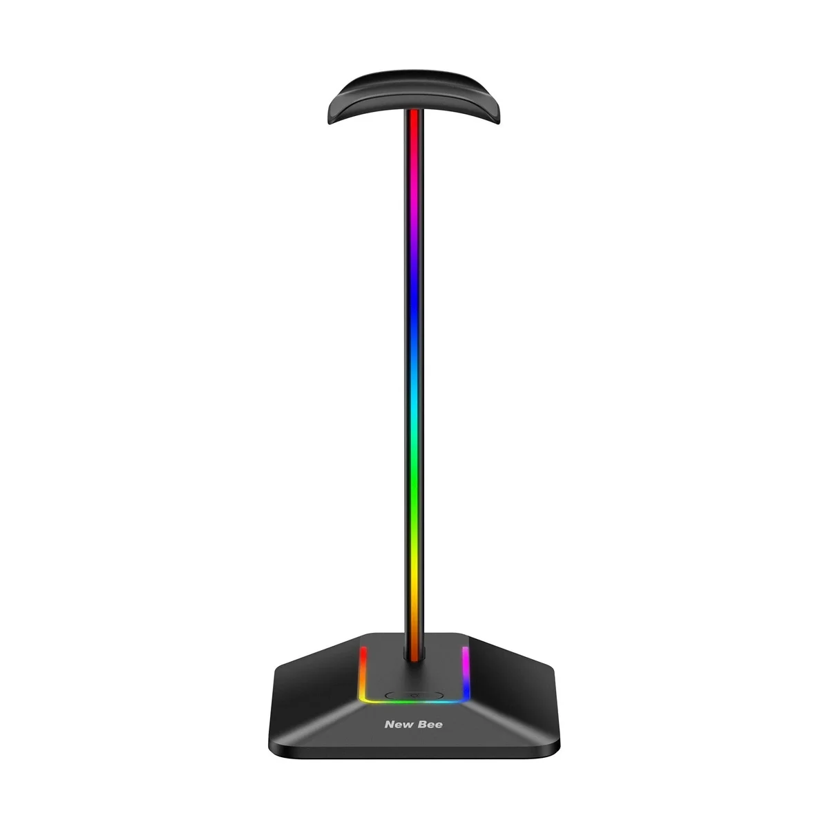 Front view of the black New Bee headphone stand showing the RGB light strip running up the aluminum support bar