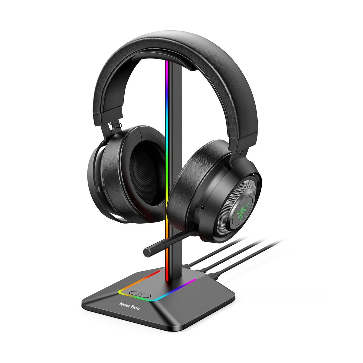 Three-quarter angle of the black New Bee headphone stand holding a headset, showing the RGB base lighting and non-slip base