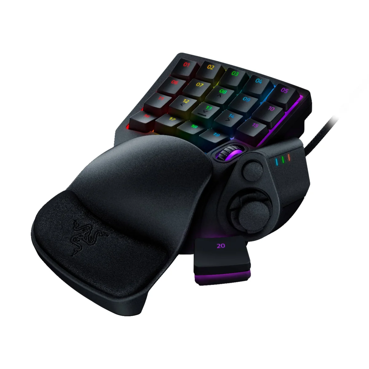 Razer Tartarus Pro keypad left three-quarter angle showing the RGB keys, scroll wheel and eight-way directional thumbpad