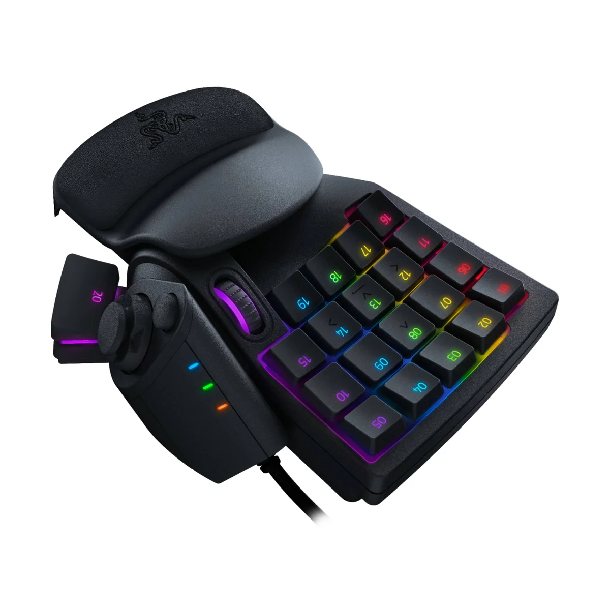 Razer Tartarus Pro keypad top-down rear angle showing the full key layout and thumb module