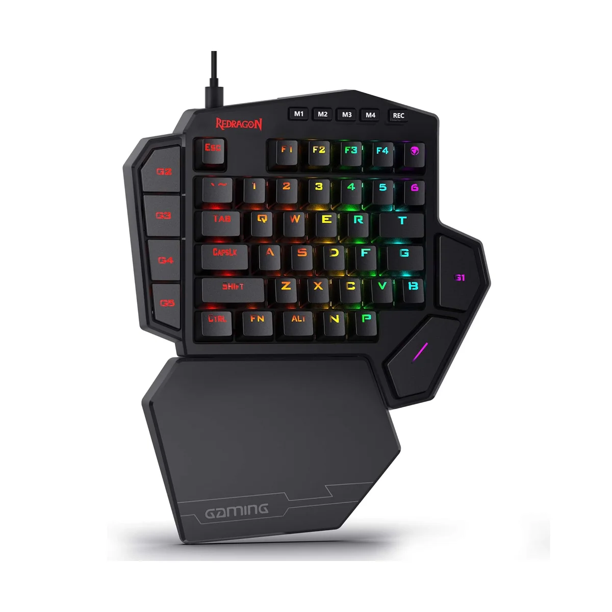 Redragon K585 DITI gaming keypad front three-quarter angle showing the RGB backlit keys with the wrist rest attached below