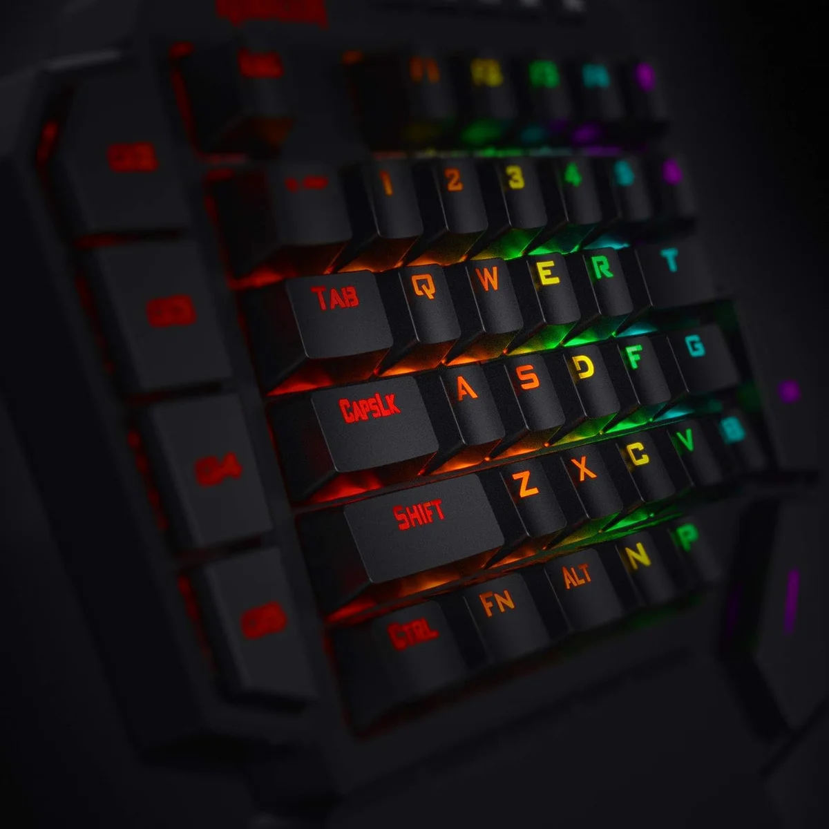Close-up of the Redragon K585 DITI keycaps showing per-key RGB backlighting and mechanical switch detail