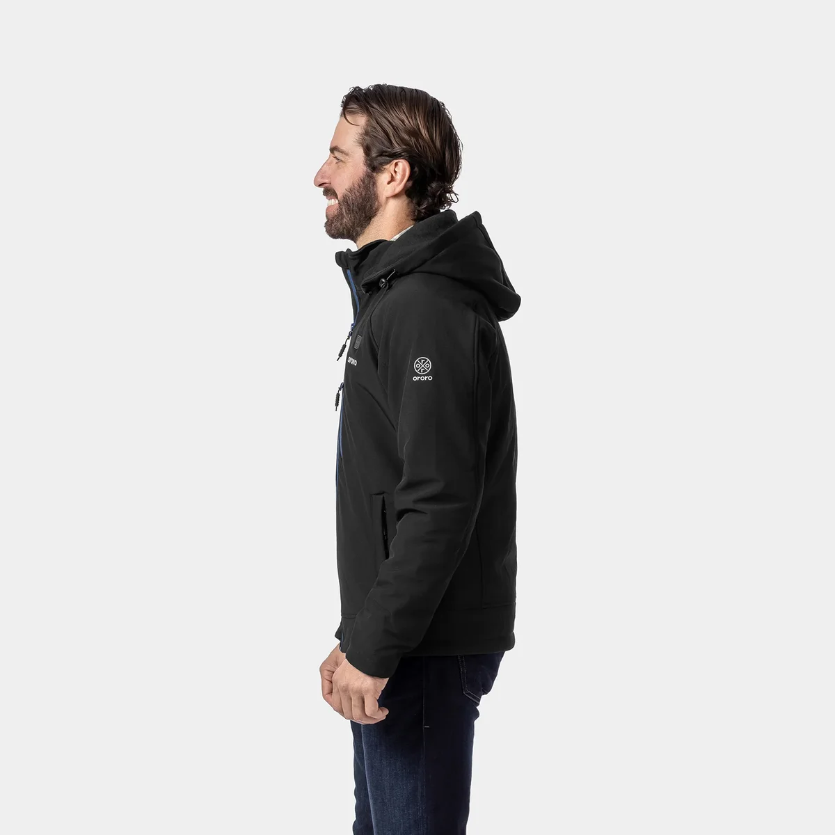 Side profile of the black ORORO Men's Classic Heated Jacket worn with the hood down, showing the hip-length cut and the ORORO logo on the sleeve