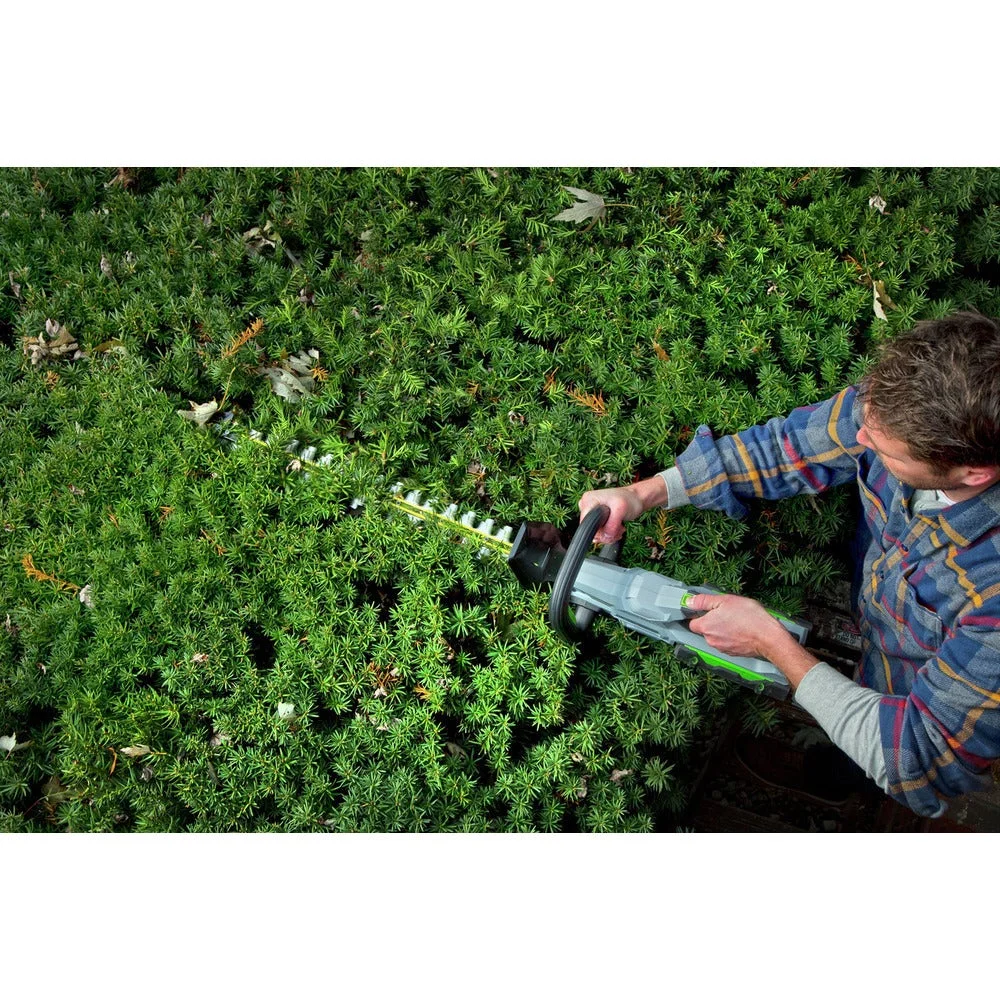 Man using EGO Power+ HT2411 hedge trimmer from above to shape a dense evergreen hedge