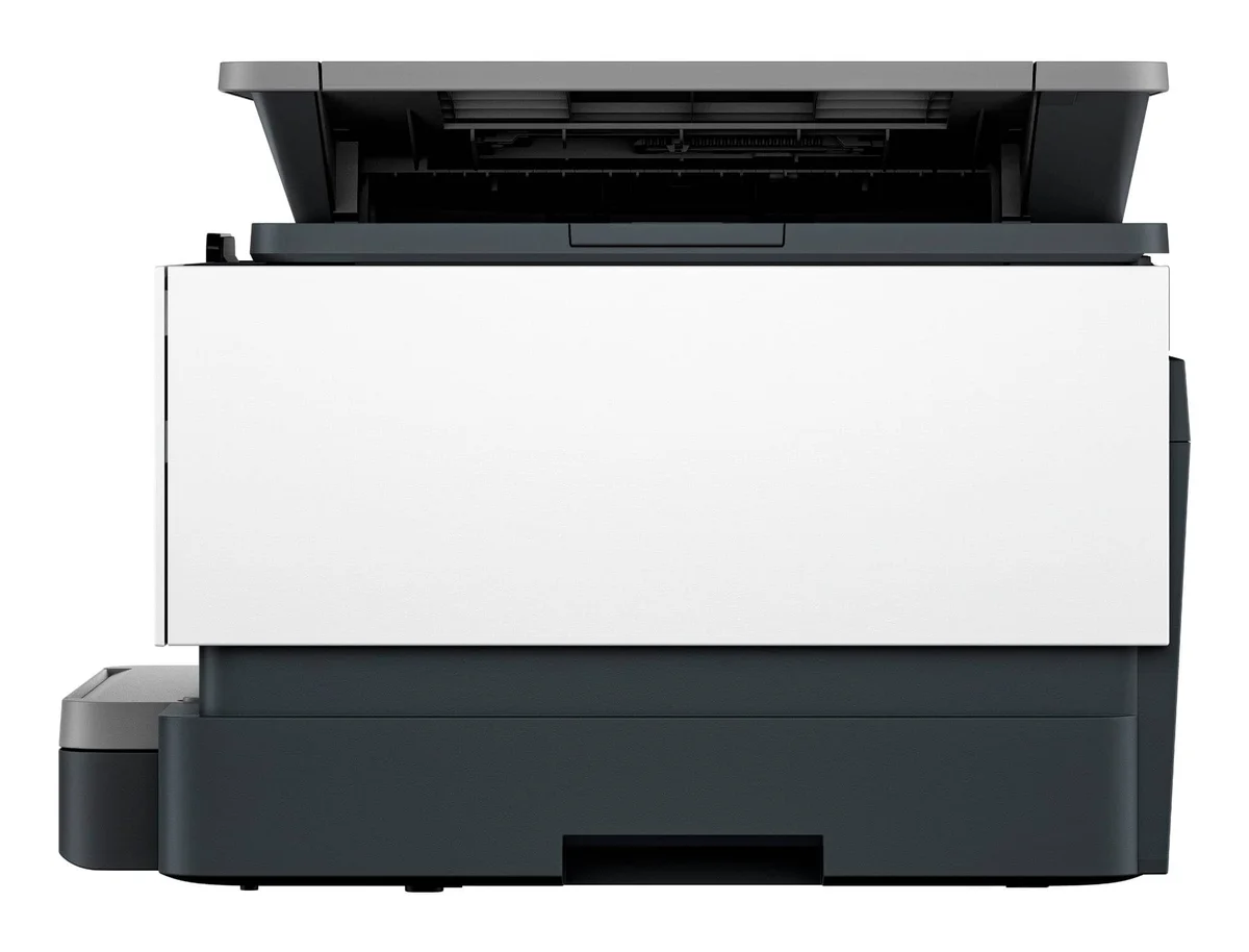 HP OfficeJet Pro 9125e side view with scanner lid open