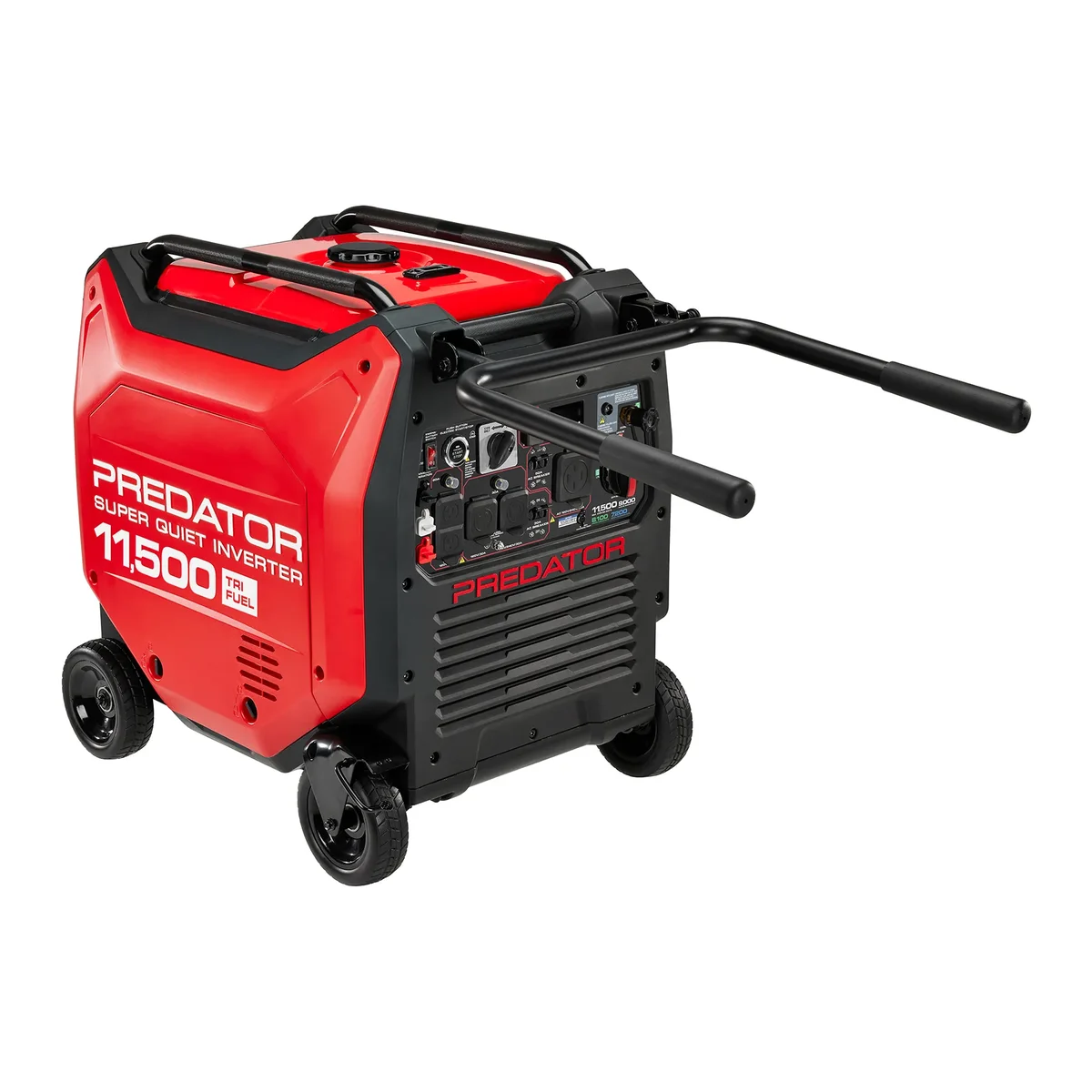 Predator 11500W Tri-Fuel Inverter Generator rear angle with telescoping handle extended, showing outlet panel and wheels