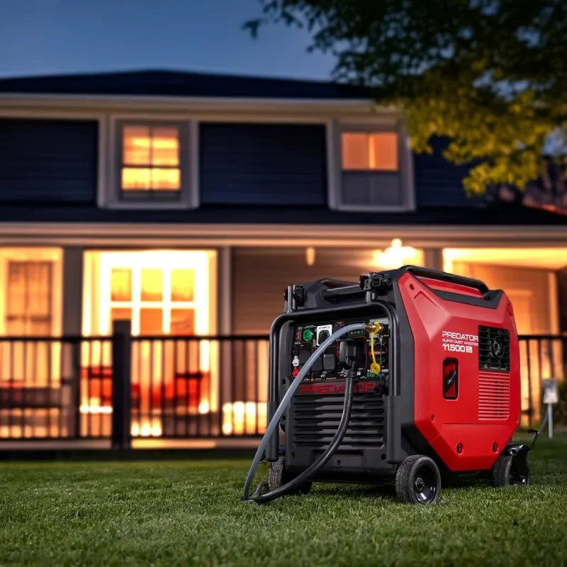 Predator 11500W Tri-Fuel Inverter Generator running outside a home at night, connected with hose for whole-home backup power