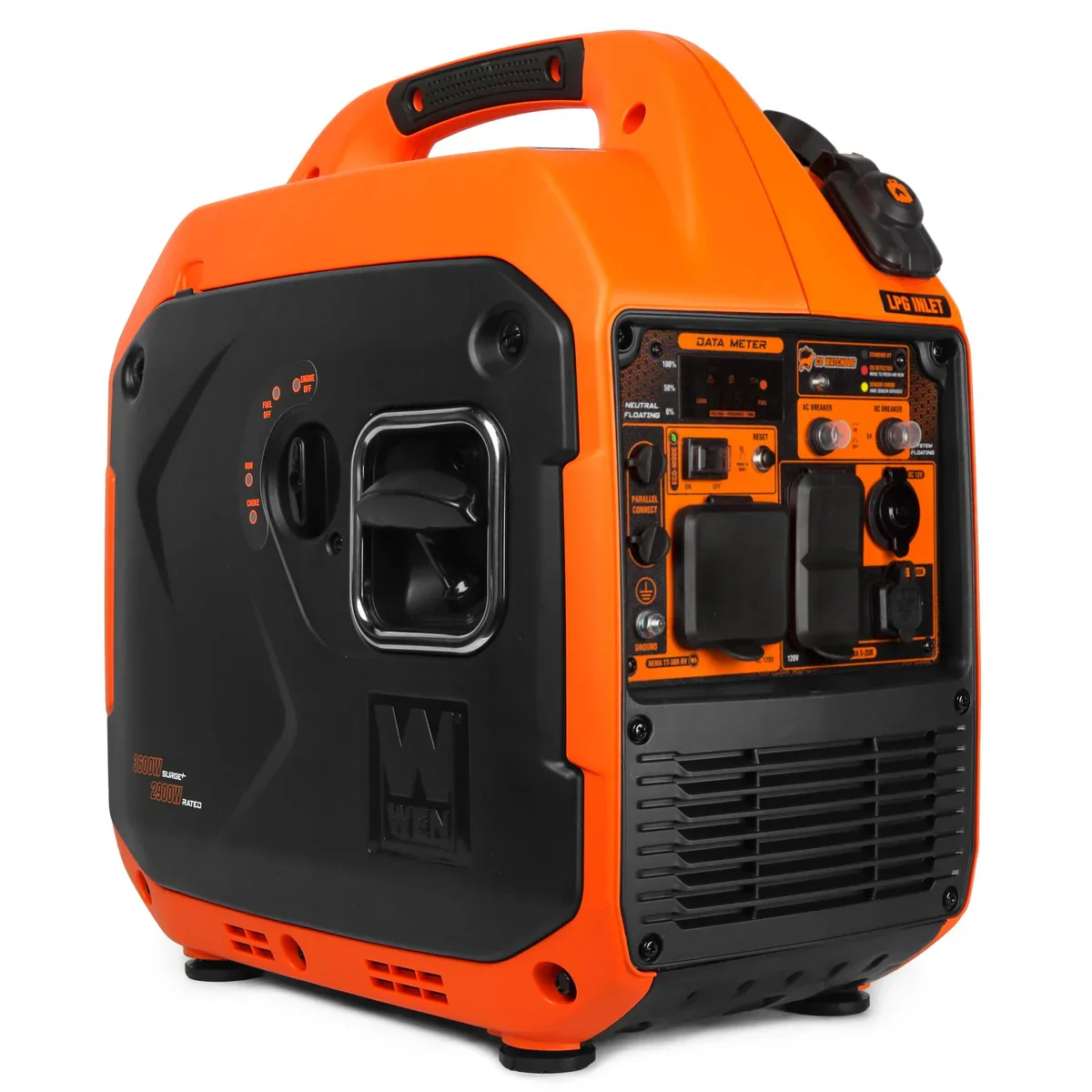 WEN DF360iX 3600W Dual Fuel Inverter Generator opposite three-quarter angle showing LPG propane inlet side