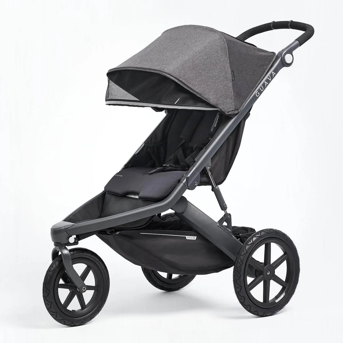 Guava Roam Crossover jogging stroller, 3/4 front angle on white background
