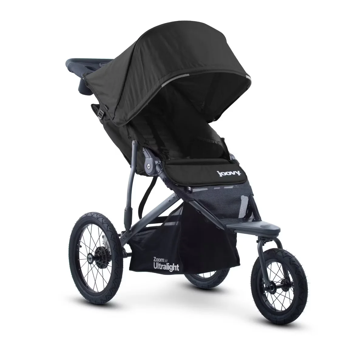 Joovy Zoom 360 Ultralight in black colorway, studio shot showing full stroller profile on white background