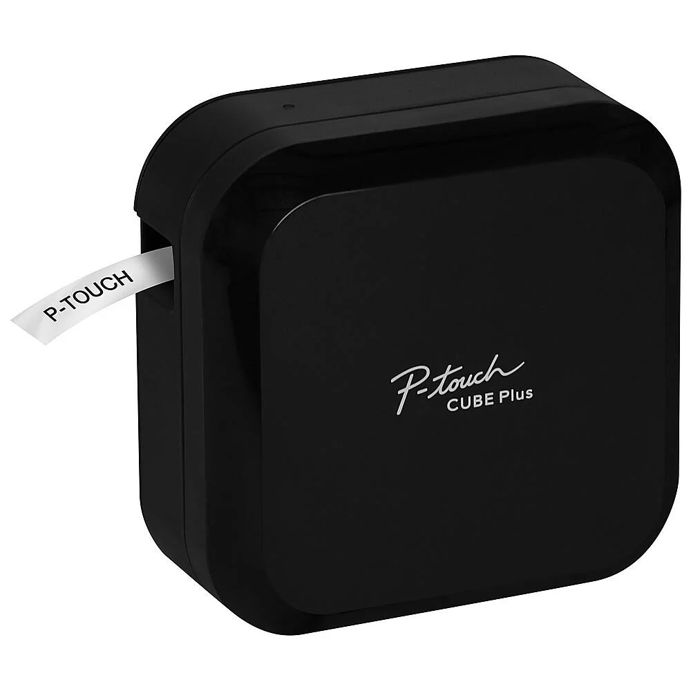Brother P-Touch Cube Plus PT-P710BT front view with label tape exiting the machine