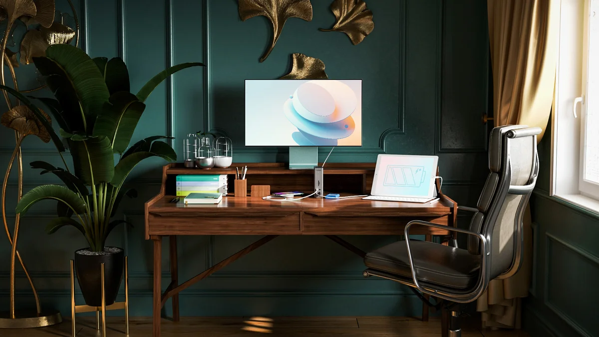 CalDigit TS4 dock in a modern home office setup with monitor and laptop