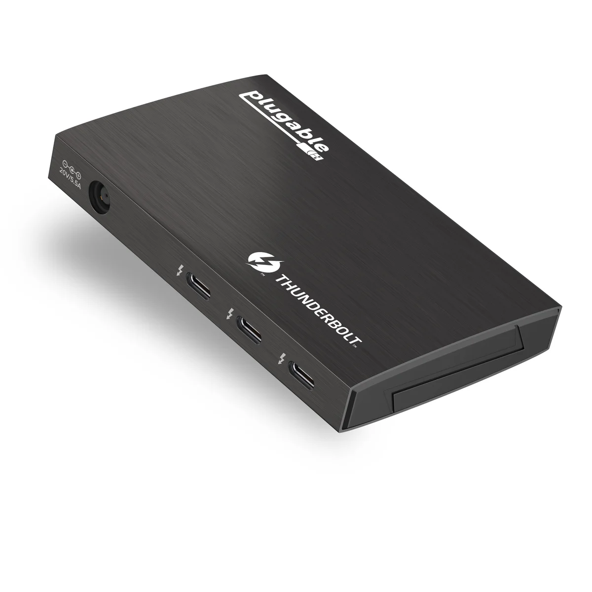Plugable Thunderbolt 4 Hub 3/4 angle view showing USB-C ports and Thunderbolt branding