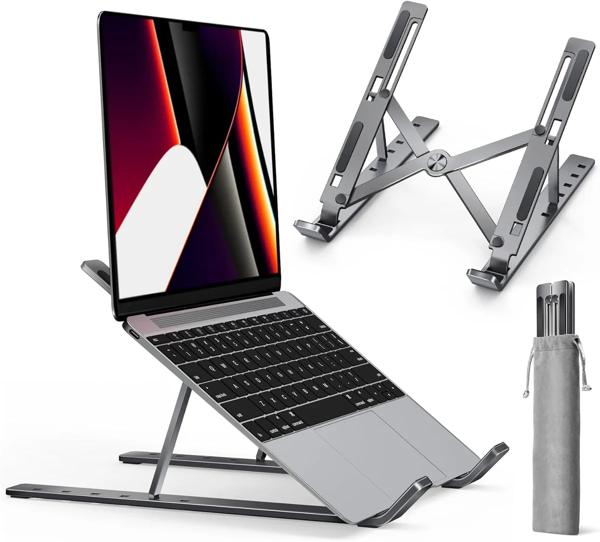 iVoler Laptop Stand in space gray with MacBook Pro raised, standalone stand folded, and gray carrying pouch