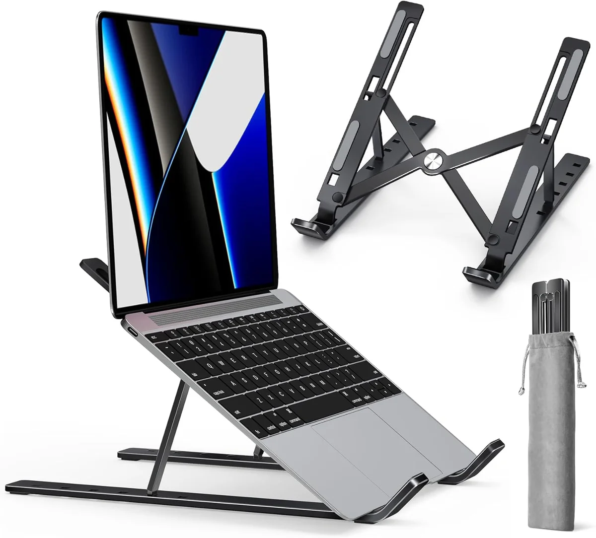 iVoler Laptop Stand in black with MacBook Pro at elevated angle, standalone black stand, and carrying pouch