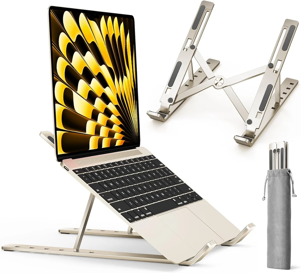 iVoler Laptop Stand in starlight gold with MacBook Air raised, standalone stand, and carrying pouch on white background