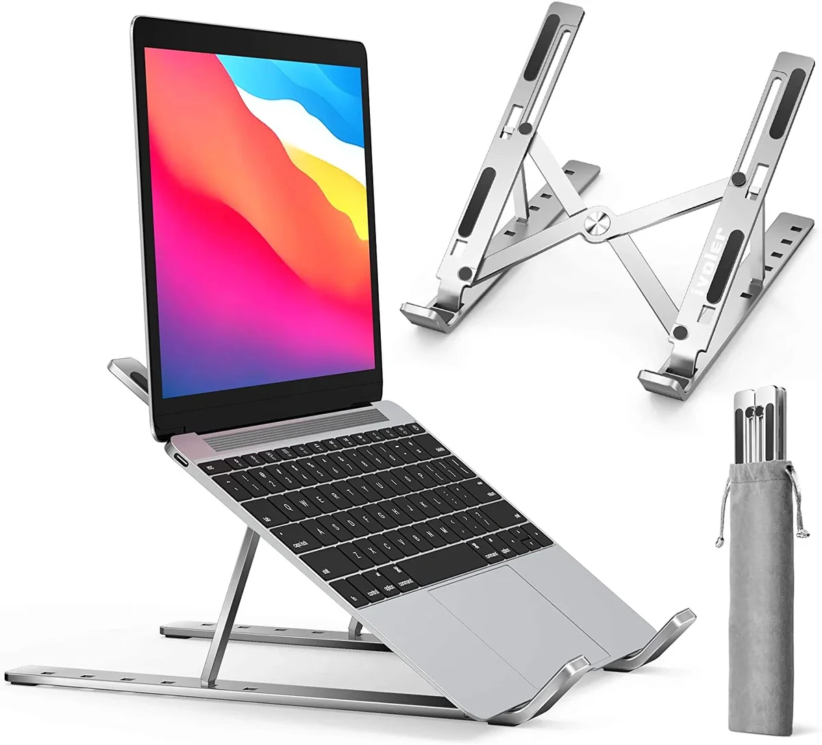 iVoler Laptop Stand in silver with MacBook Air raised at an angle, standalone stand, and carrying pouch on white background