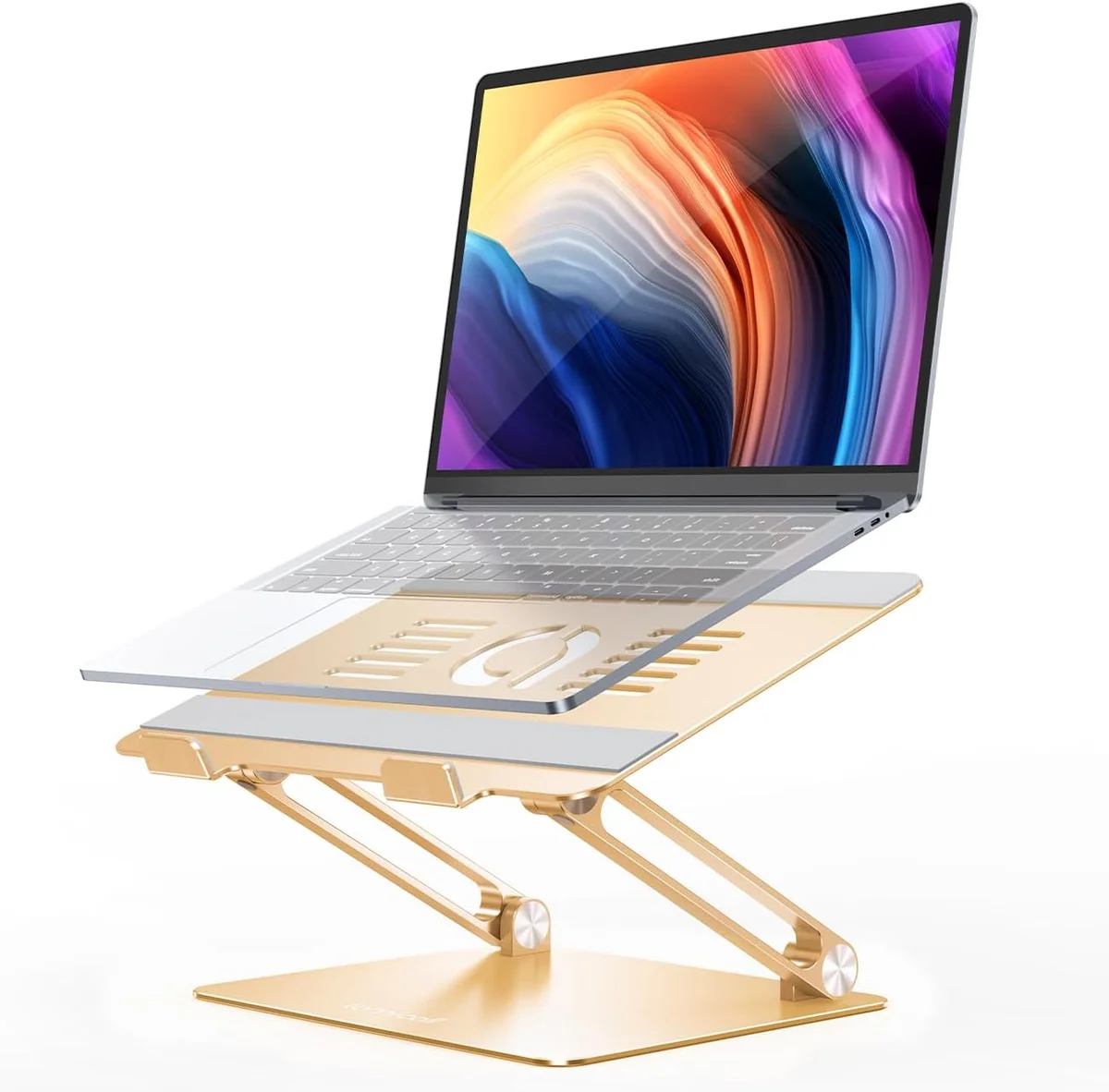 Lamicall Adjustable Laptop Stand in gold colorway holding MacBook, front-facing view on white
