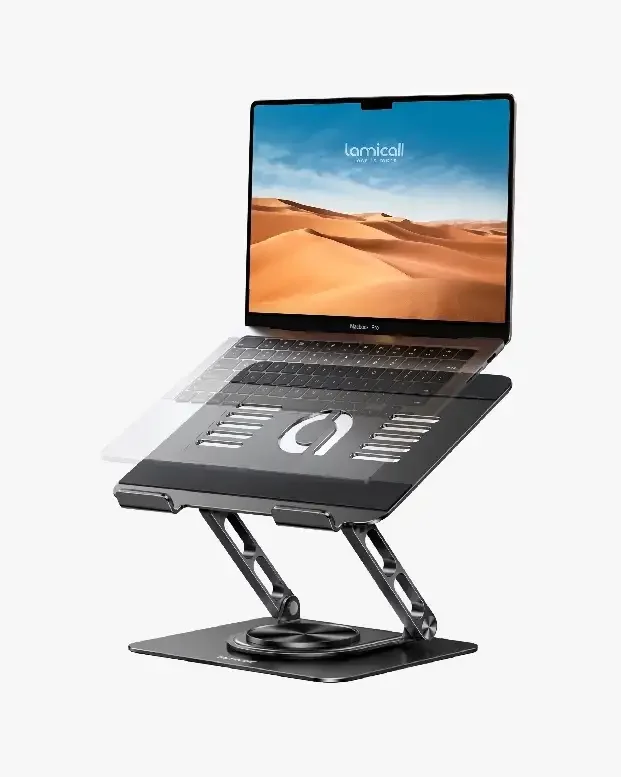 Lamicall Adjustable Laptop Stand in black, 3/4 angle view on white background