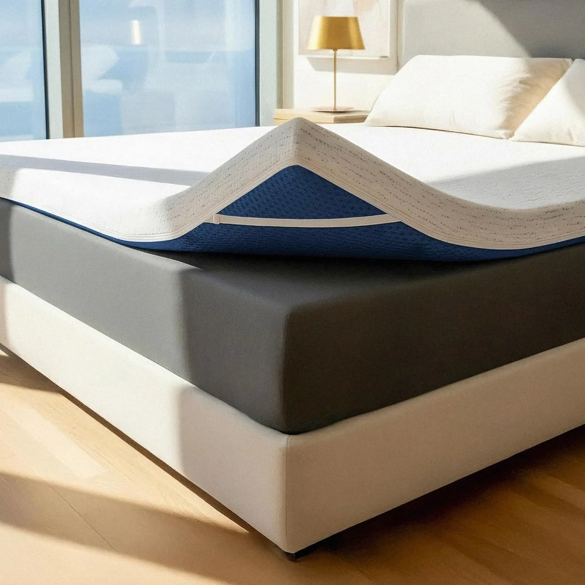 ViscoSoft Select High Density Mattress Topper corner folded back showing the navy foam core and quilted bamboo-blend cover on a bed