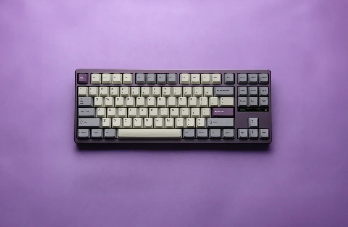 Evo Works Evo 80 top-down view showing full TKL layout in Tyrian colorway