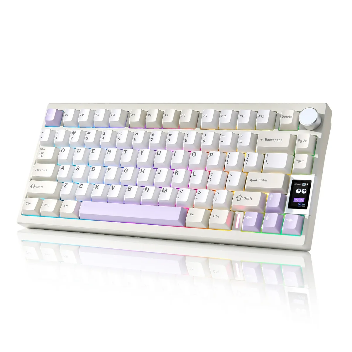 Yunzi AL80 three-quarter angle, white and lavender colorway showing full layout
