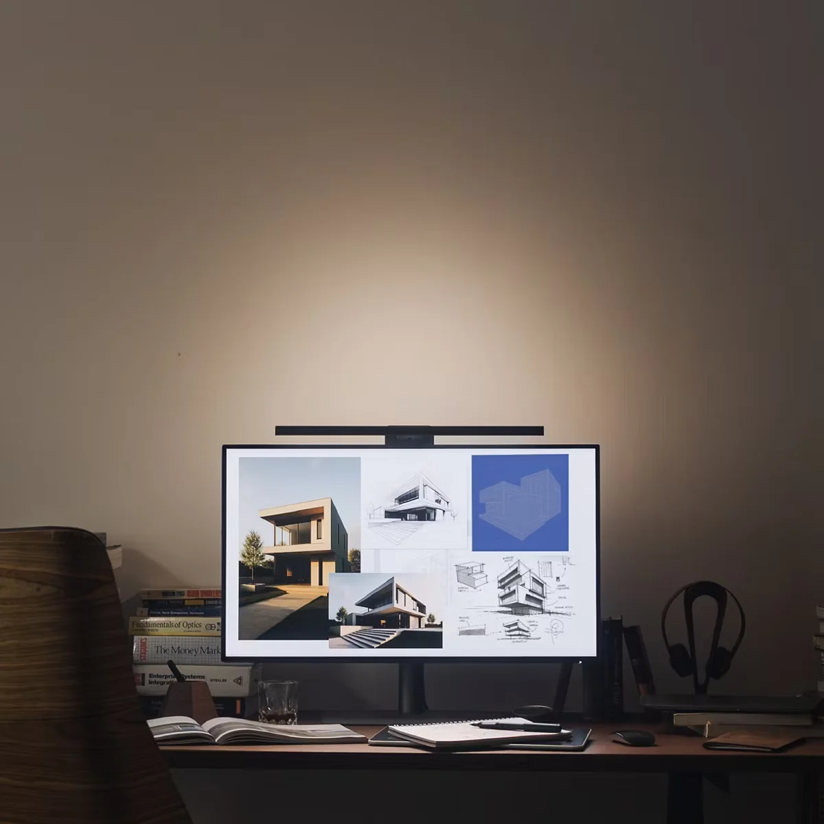 BenQ ScreenBar Pro illuminating a home office desk with warm light cast on the wall