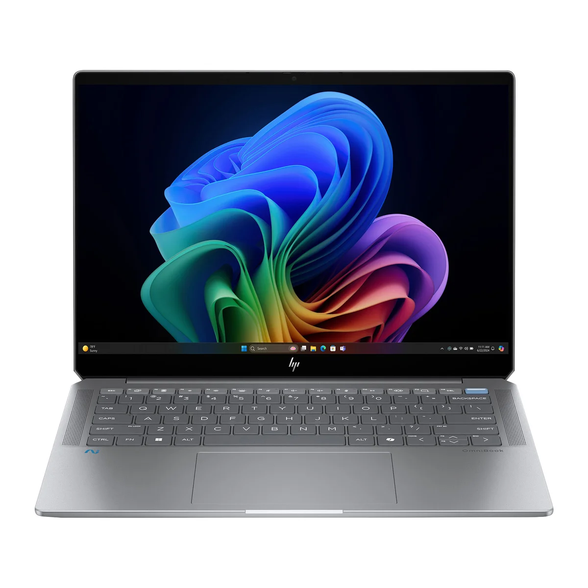 HP OmniBook Ultra 14-inch laptop open, front-facing view showing OLED display, keyboard, and trackpad