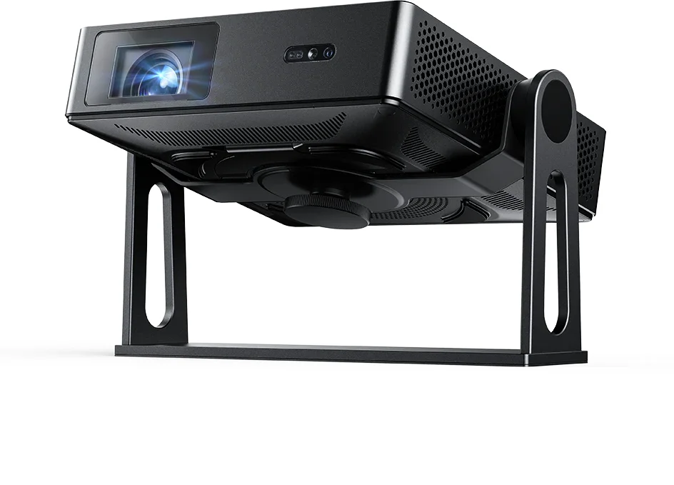 Nexigo Nova Mini mounted inverted on overhead projector stand showing underside mounting plate and front lens