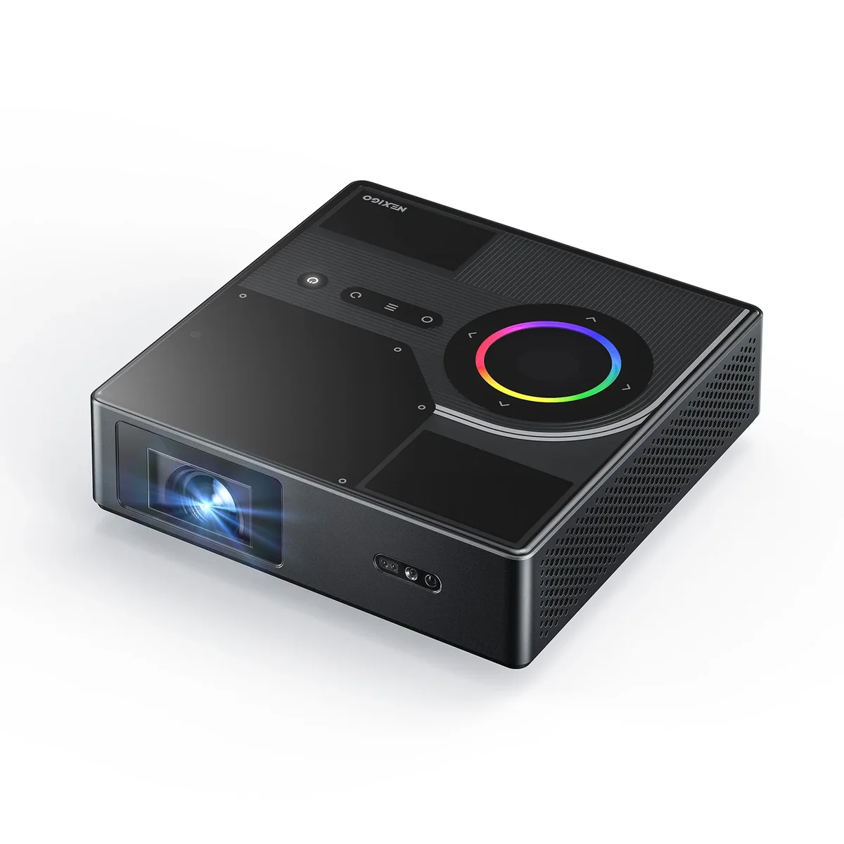 Nexigo Nova Mini projector 3/4 angle view showing top panel, RGB wheel, front laser lens, and USB-C ports